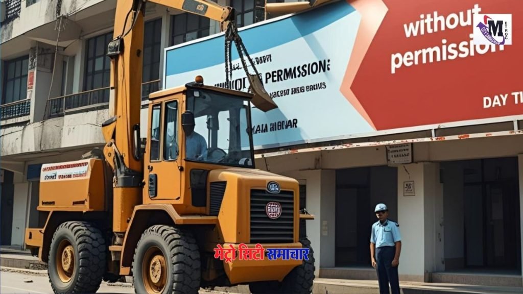 मनपा द्वारा अवैध होर्डिंग हटाए जा रहे हैं, कार्रवाई के दृश्य