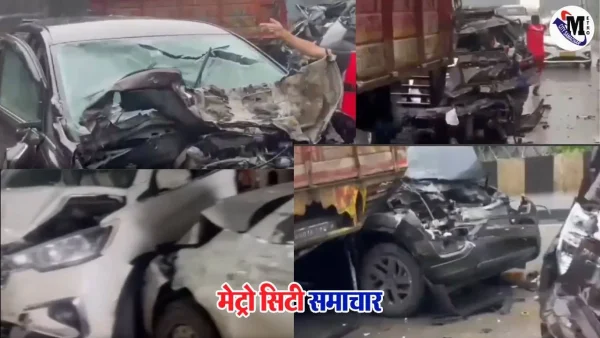“मुंबई-पुणे एक्सप्रेसवे पर खोपोली के पास वाहनों की भिड़ंत के बाद क्षतिग्रस्त कारें और कंटेनर ट्रक।”