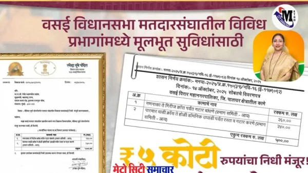 वसई विधायक स्नेहा दुबे पंडित, महाराष्ट्र सरकार, वसई विकास निधि, ठोक तरतूद योजना, वैशिष्ट्यपूर्ण योजना