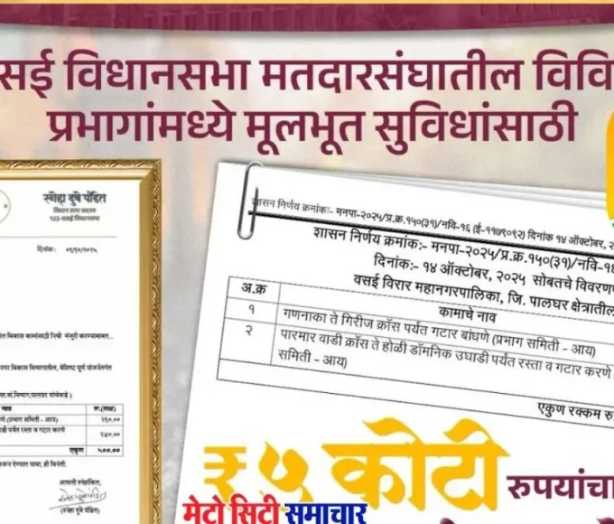वसई विधायक स्नेहा दुबे पंडित, महाराष्ट्र सरकार, वसई विकास निधि, ठोक तरतूद योजना, वैशिष्ट्यपूर्ण योजना