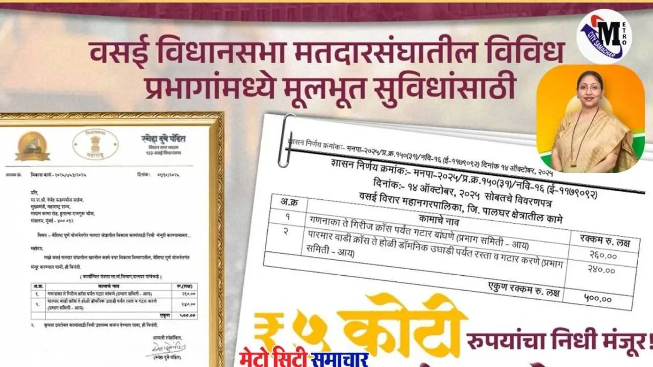 वसई विधायक स्नेहा दुबे पंडित, महाराष्ट्र सरकार, वसई विकास निधि, ठोक तरतूद योजना, वैशिष्ट्यपूर्ण योजना