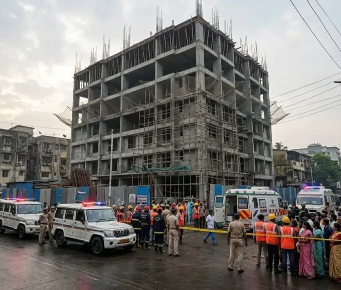 चेंबूर के सुभाष नगर में निर्माणाधीन इमारत से गिरने के बाद मौके पर पहुंची एंबुलेंस और पुलिस