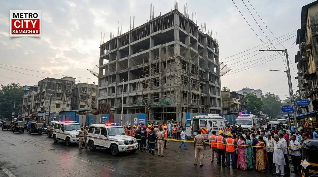 चेंबूर के सुभाष नगर में निर्माणाधीन इमारत से गिरने के बाद मौके पर पहुंची एंबुलेंस और पुलिस