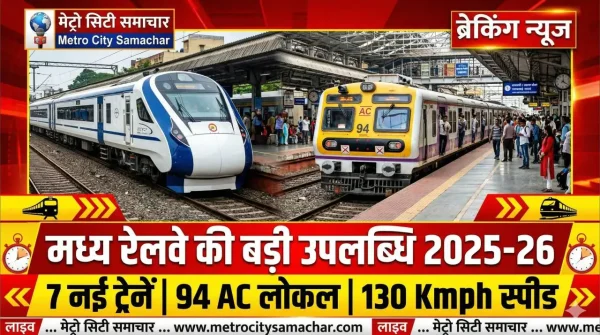 2025-26 में मध्य रेलवे की उपलब्धियों को दर्शाता विजुअल जिसमें वंदे भारत ट्रेन, लोकल ट्रेन और रेलवे स्टेशन दिखाए गए हैं