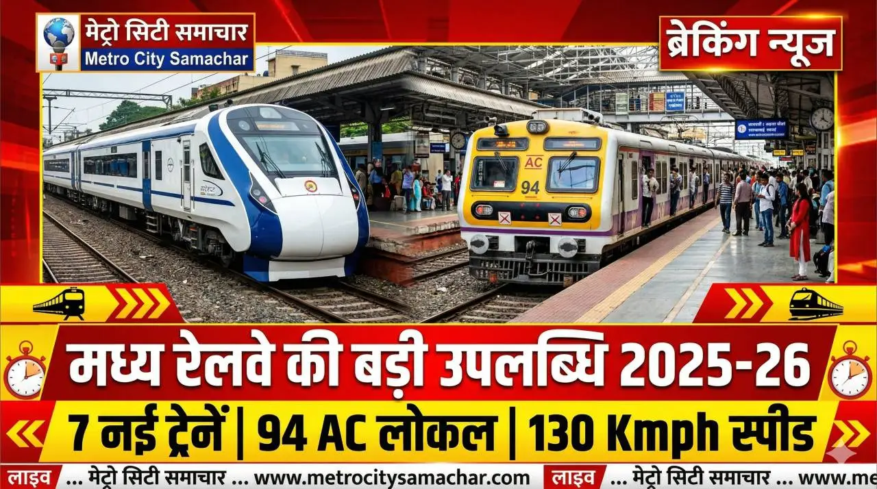 2025-26 में मध्य रेलवे की उपलब्धियों को दर्शाता विजुअल जिसमें वंदे भारत ट्रेन, लोकल ट्रेन और रेलवे स्टेशन दिखाए गए हैं