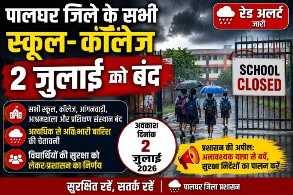 IMD के रेड अलर्ट के बाद पालघर जिले में 2 जुलाई को सभी स्कूल और कॉलेज बंद।