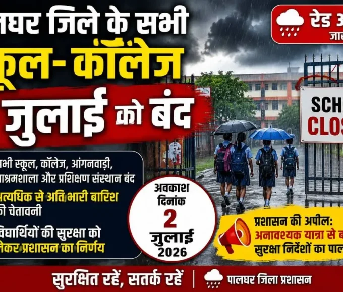 IMD के रेड अलर्ट के बाद पालघर जिले में 2 जुलाई को सभी स्कूल और कॉलेज बंद।