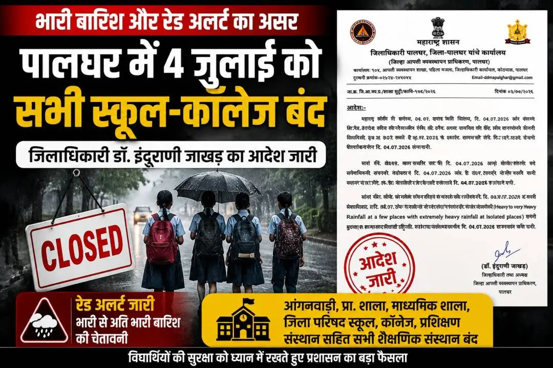 पालघर में IMD रेड अलर्ट के बाद 4 जुलाई 2026 को सभी स्कूल और कॉलेज बंद रखने का जिलाधिकारी का आदेश।