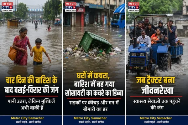 Society garbage bin being swept away in strong water flow during heavy rainfall.