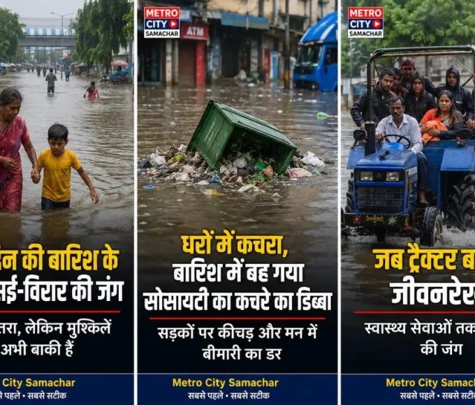Society garbage bin being swept away in strong water flow during heavy rainfall.