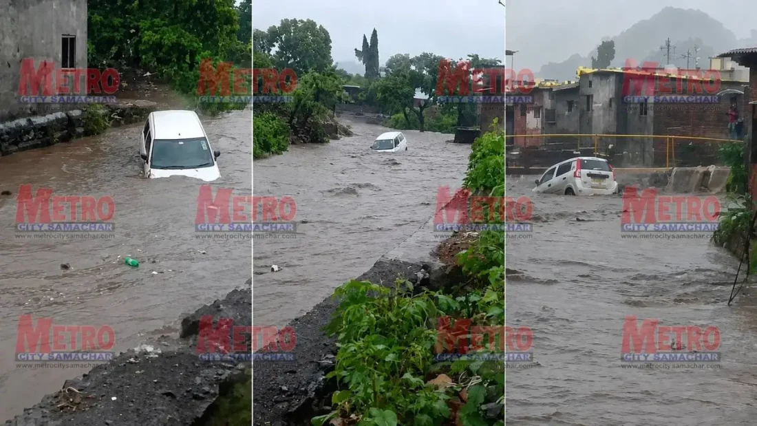वसई में बारिश का कहर: तेज बहाव में बहीं दो कारें, चालक ने बचाई जान