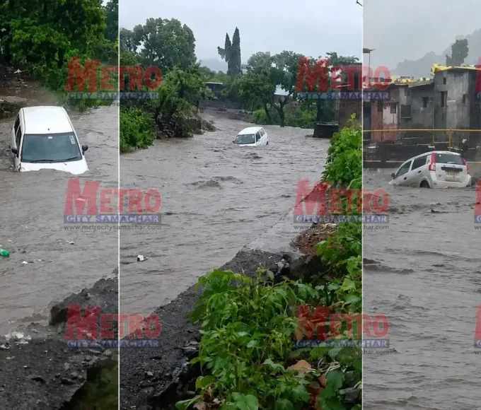 वसई में बारिश का कहर: तेज बहाव में बहीं दो कारें, चालक ने बचाई जान