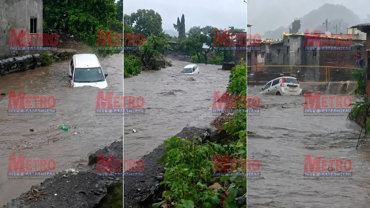 वसई में बारिश का कहर: तेज बहाव में बहीं दो कारें, चालक ने बचाई जान