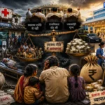भारत में सरकारी अस्पतालों की बदहाली और निजी इलाज के बढ़ते खर्च को दर्शाता चित्र