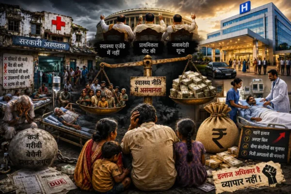 भारत में सरकारी अस्पतालों की बदहाली और निजी इलाज के बढ़ते खर्च को दर्शाता चित्र