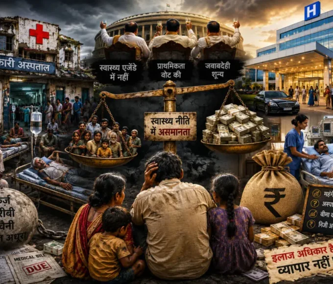 भारत में सरकारी अस्पतालों की बदहाली और निजी इलाज के बढ़ते खर्च को दर्शाता चित्र