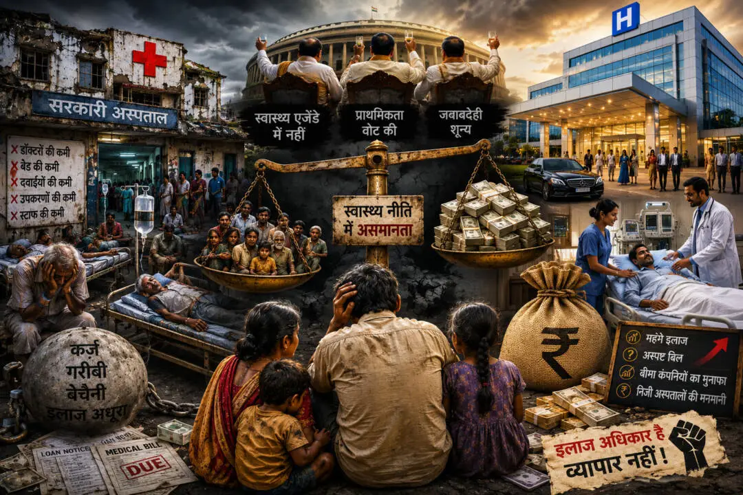भारत में सरकारी अस्पतालों की बदहाली और निजी इलाज के बढ़ते खर्च को दर्शाता चित्र