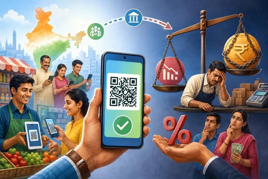 UPI पर संभावित शुल्क और MDR को दर्शाती डिजिटल भुगतान की तस्वीर