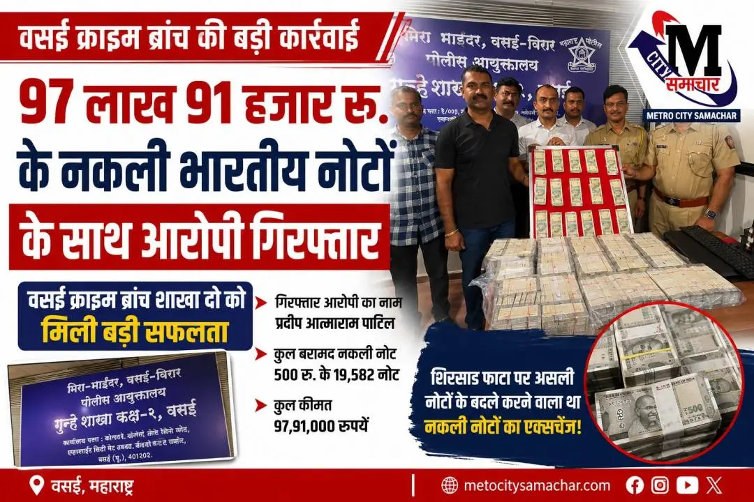 वसई क्राइम ब्रांच द्वारा बरामद 97 लाख 91 हजार रुपये के नकली भारतीय नोट