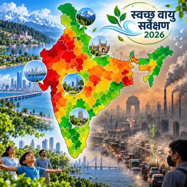 स्वच्छ वायु सर्वेक्षण 2026 में भारत और मुंबई महानगर क्षेत्र की वायु गुणवत्ता का प्रतीकात्मक चित्र
