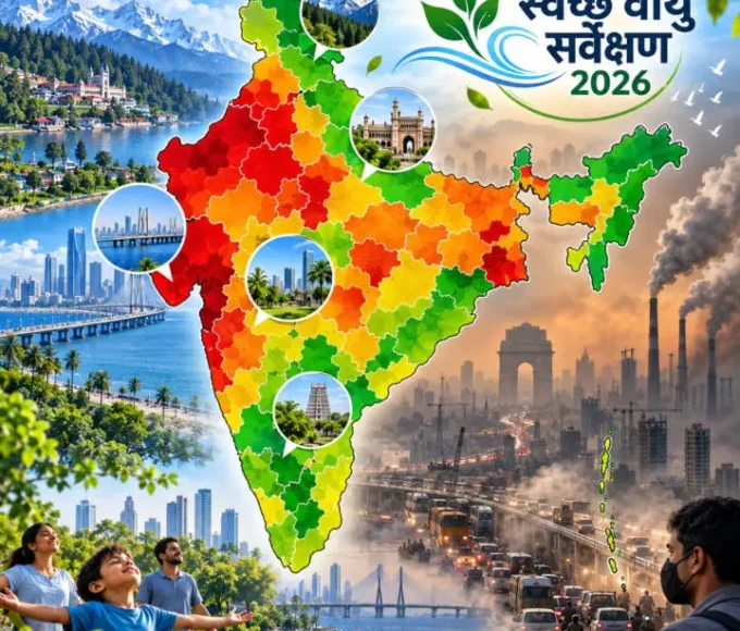 स्वच्छ वायु सर्वेक्षण 2026 में भारत और मुंबई महानगर क्षेत्र की वायु गुणवत्ता का प्रतीकात्मक चित्र