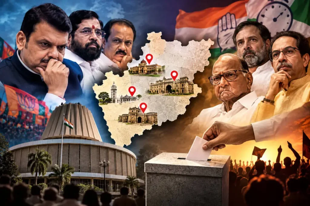 महाराष्ट्र विधानपरिषद चुनाव 2026 का प्रतीकात्मक चित्र, राजनीतिक दलों के नेता, महाराष्ट्र का नक्शा और मतदान पेटी
