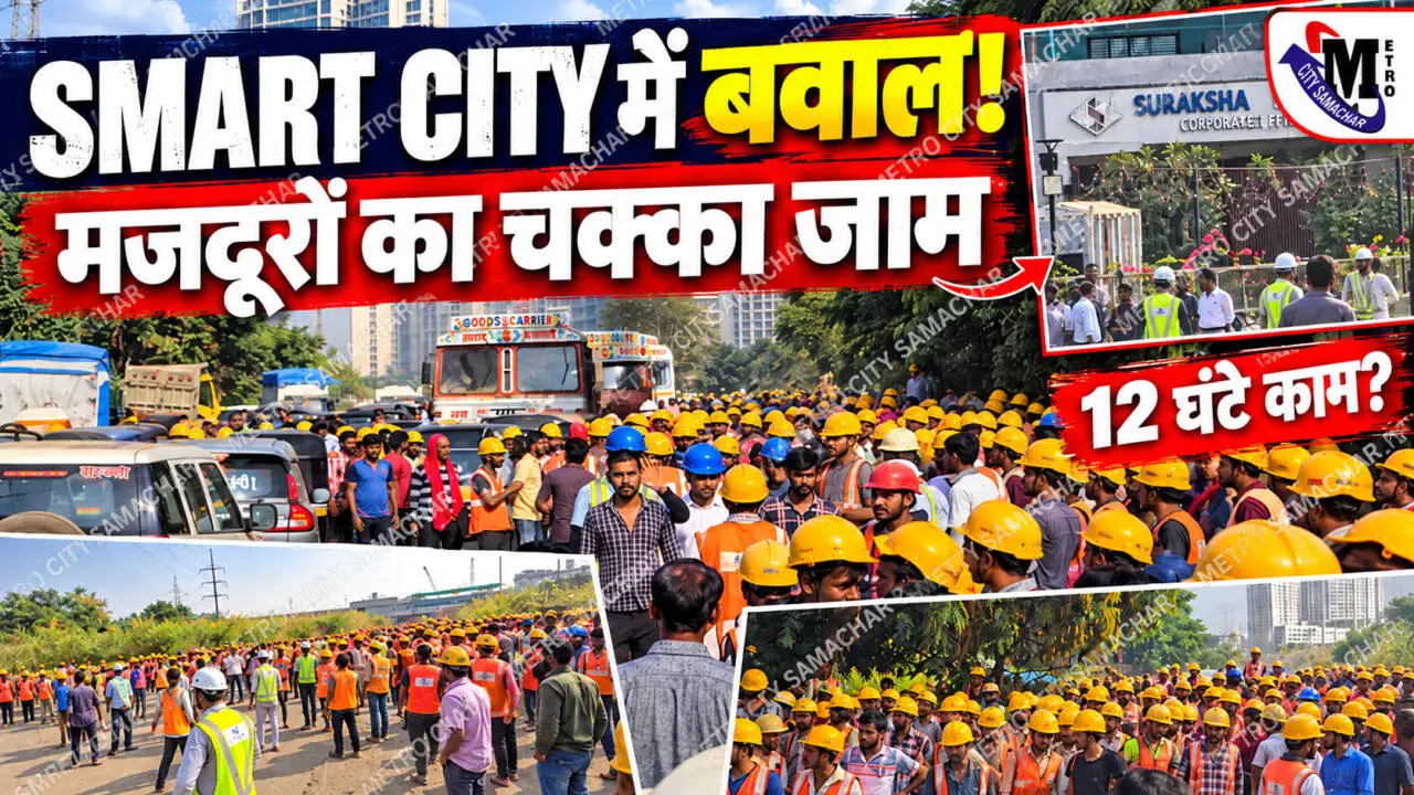 वसई पूर्व के सुरक्षा स्मार्ट सिटी प्रोजेक्ट के बाहर विरोध प्रदर्शन करते हेलमेट पहने निर्माण मजदूर और सड़क पर खड़े वाहन
