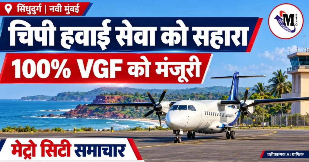 चिपी–नवी मुंबई हवाई सेवा को VGF मंजूरी की खबर: तटीय एयरपोर्ट पर विमान का प्रतीकात्मक AI ग्राफिक