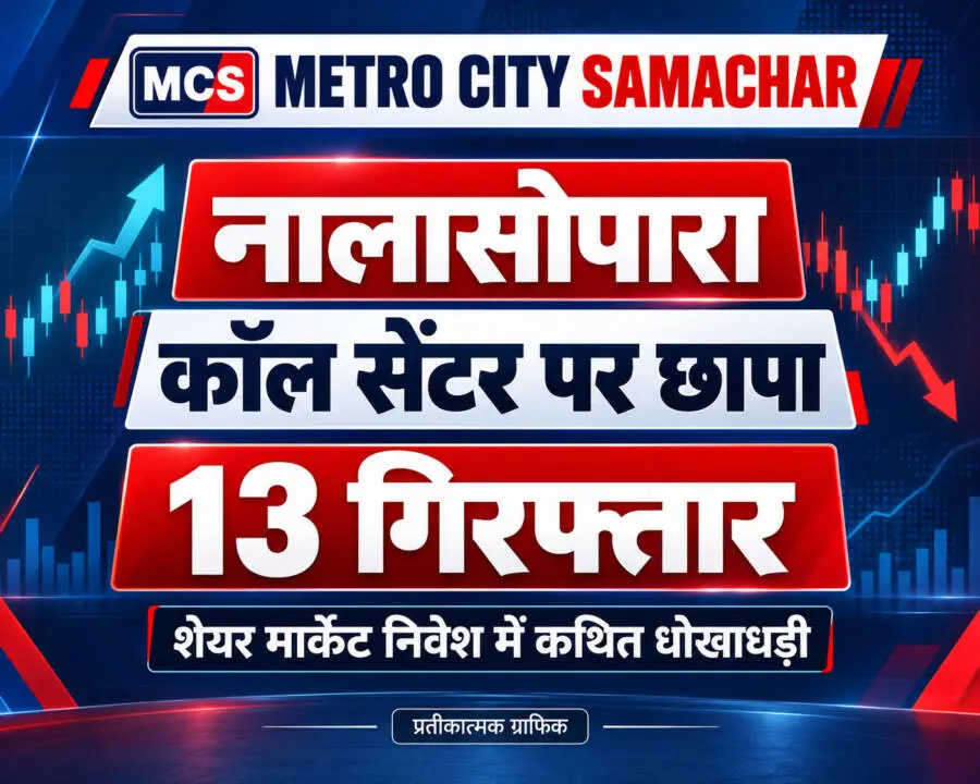 नालासोपारा में कथित फर्जी शेयर मार्केट कॉल सेंटर पर छापा और 13 गिरफ्तारियों का MCS प्रतीकात्मक ग्राफिक