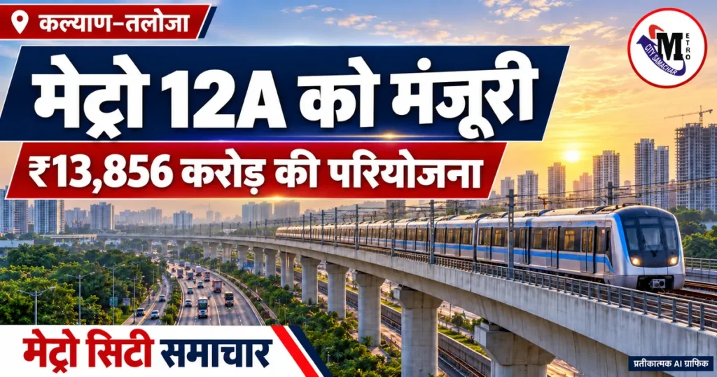 कल्याण–तलोजा मेट्रो 12A परियोजना को मंजूरी की खबर: ऊंचे मेट्रो मार्ग का प्रतीकात्मक AI ग्राफिक