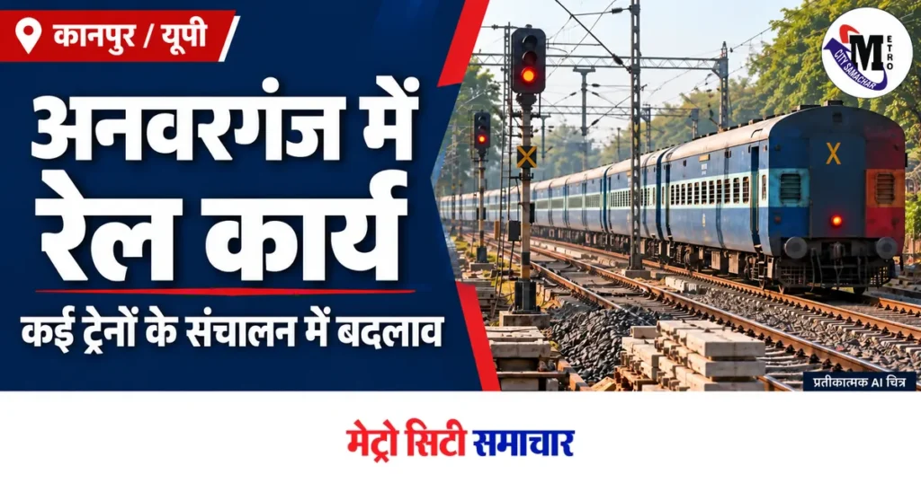 कानपुर अनवरगंज रेल कार्य की खबर के लिए पटरी और सिग्नल के पास यात्री ट्रेन का प्रतीकात्मक AI चित्र