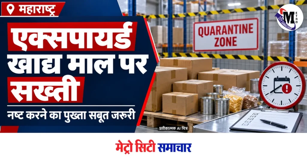 महाराष्ट्र में एक्सपायर्ड खाद्य माल पर FDA की सख्ती, नष्ट करने के प्रमाण और स्टॉक का हिसाब रखना होगा — प्रतीकात्मक AI चित्र, मूल MCS लोगो सहित