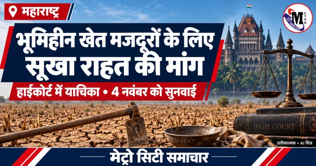 भूमिहीन खेत मजदूरों की सूखा राहत याचिका के लिए खेत और न्यायालय का प्रतीकात्मक AI चित्र