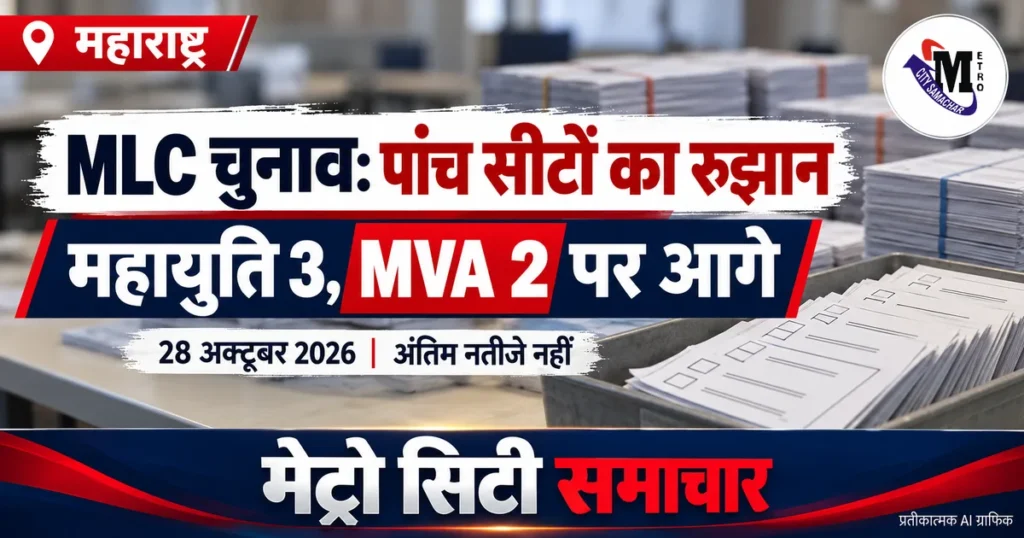 महाराष्ट्र MLC चुनाव 2026: पांच सीटों पर महायुति तीन और MVA दो पर आगे होने का प्रतीकात्मक AI ग्राफिक; अंतिम नतीजे नहीं