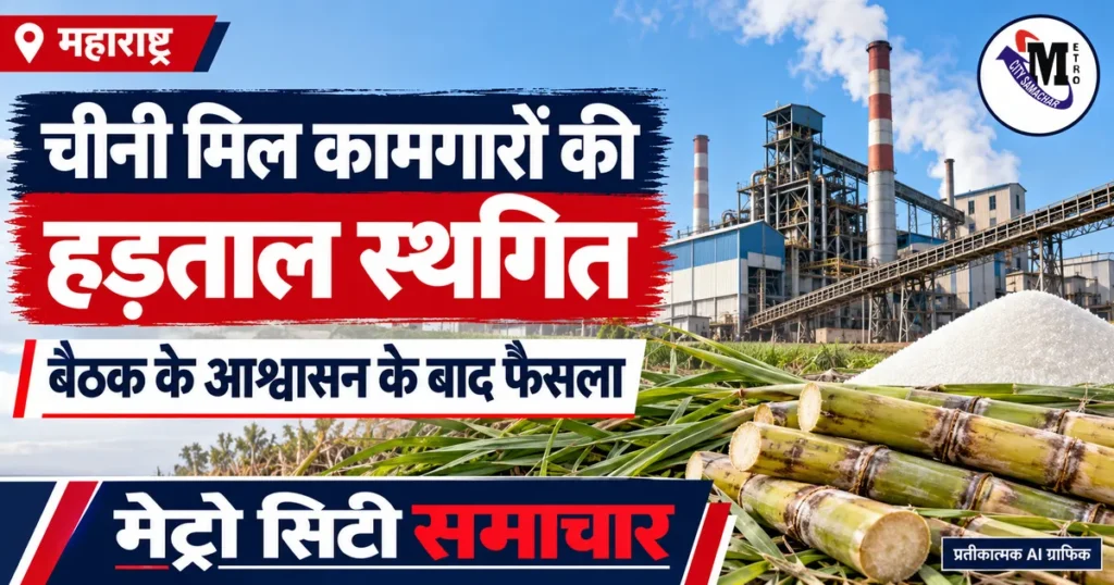 महाराष्ट्र चीनी मिल कामगारों की हड़ताल स्थगित होने की खबर: मिल और गन्ने का प्रतीकात्मक AI ग्राफिक