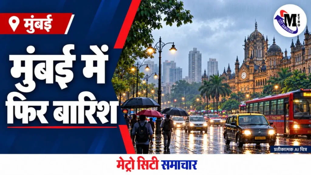 मुंबई में बारिश की खबर के लिए गीली सड़क और छतरियों का प्रतीकात्मक AI चित्र