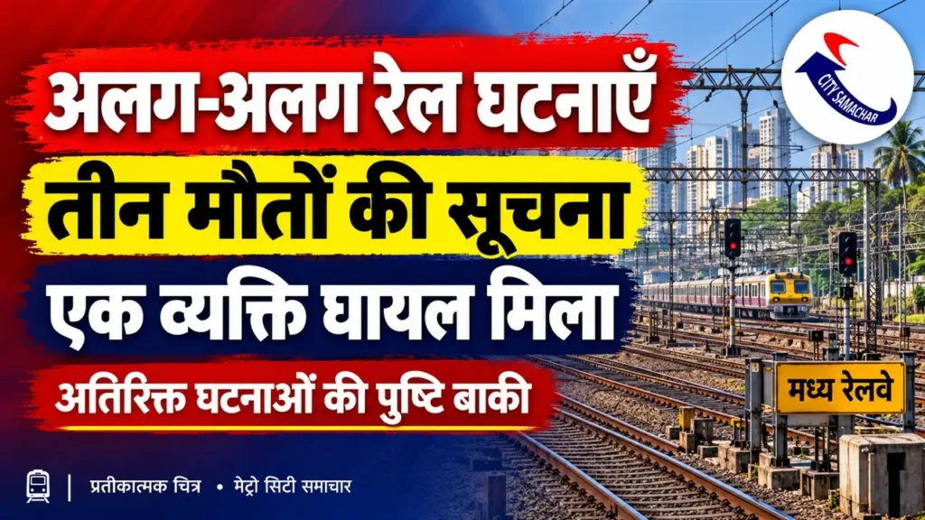 रेल ट्रैक और लोकल ट्रेन के प्रतीकात्मक चित्र पर तीन मौतों की सूचना तथा अतिरिक्त घटनाओं की पुष्टि बाकी होने का शीर्षक
