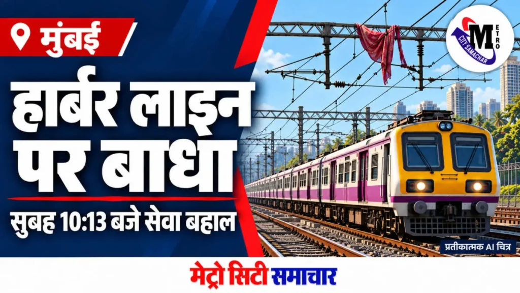 हार्बर लाइन की खबर के लिए लोकल ट्रेन और ओवरहेड तारों का प्रतीकात्मक AI चित्र