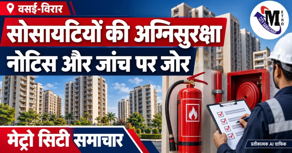 वसई-विरार की सोसायटियों में अग्निसुरक्षा जांच और नोटिस संबंधी प्रतीकात्मक MCS ग्राफिक