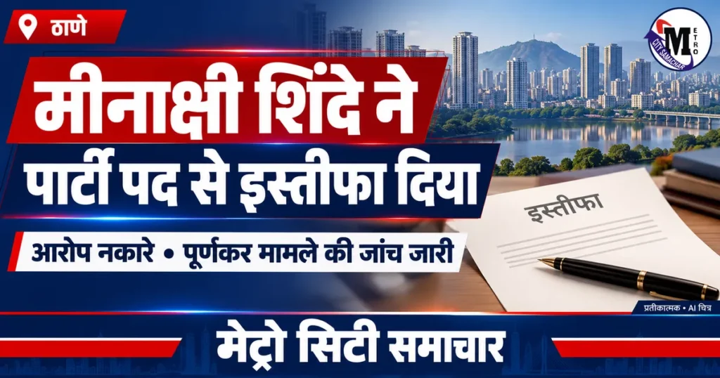मीनाक्षी शिंदे के पार्टी पद से इस्तीफे की खबर के लिए पत्र और ठाणे शहर का प्रतीकात्मक AI चित्र