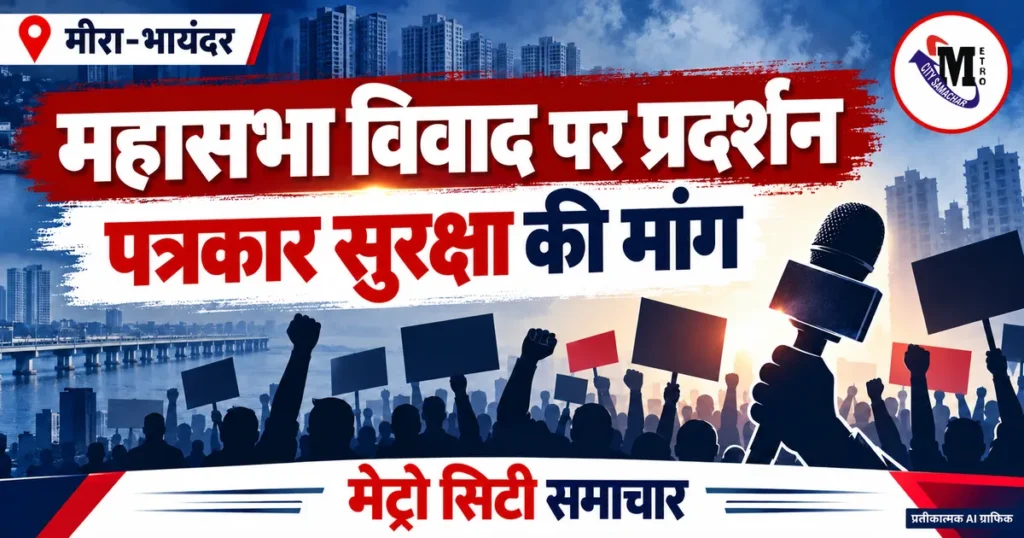 मीरा-भायंदर महासभा विवाद और पत्रकार सुरक्षा के लिए प्रदर्शन की खबर का प्रतीकात्मक AI ग्राफिक