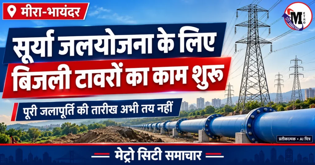 मीरा-भायंदर सूर्या जलयोजना के बिजली टावर और पाइपलाइन का प्रतीकात्मक AI चित्र