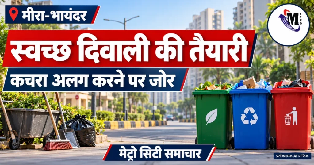 मीरा-भायंदर स्वच्छ दिवाली अभियान के लिए सफाई और अलग कचरा संकलन का प्रतीकात्मक AI ग्राफिक