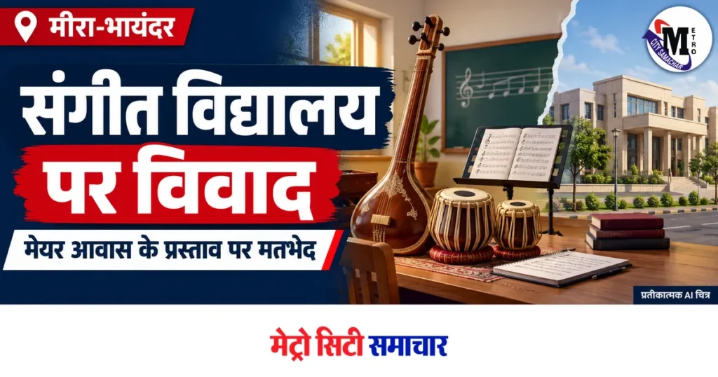 मीरा रोड संगीत विद्यालय विवाद की खबर के लिए वाद्ययंत्र और सामान्य नागरिक भवन का प्रतीकात्मक AI चित्र