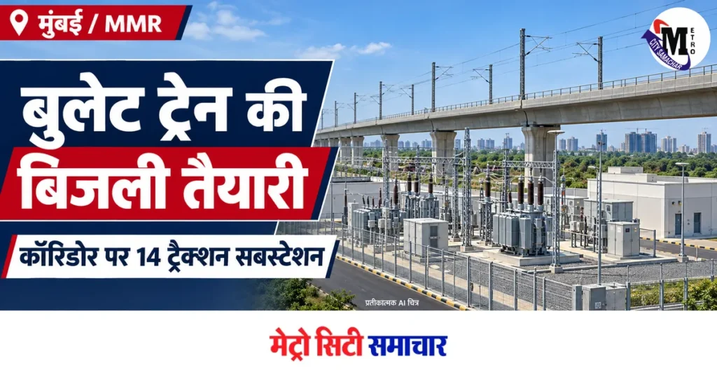 बुलेट ट्रेन के लिए 14 ट्रैक्शन सबस्टेशन, मुंबई–ठाणे–विरार–बोइसर में भी बिजली व्यवस्था की तैयारी — प्रतीकात्मक AI चित्र, मूल MCS लोगो सहित