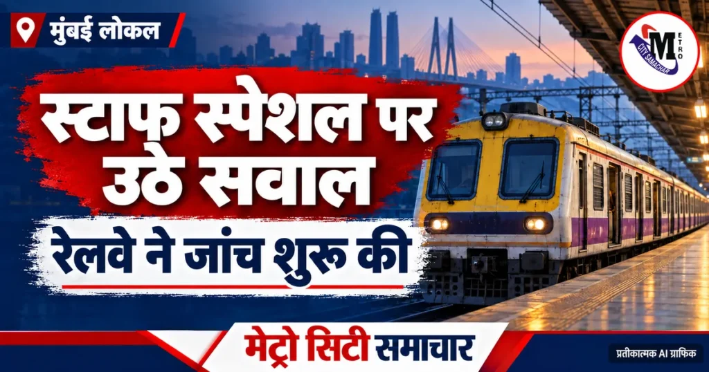 स्टाफ स्पेशल लोकल के बंद दरवाजों की जांच संबंधी खबर का प्रतीकात्मक AI ग्राफिक; मुंबई लोकल ट्रेन का चित्र