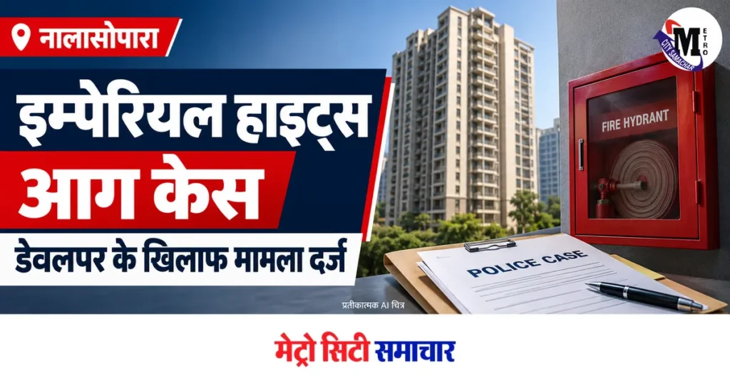 नालासोपारा इम्पेरियल हाइट्स आग केस: डेवलपर और साझेदारों पर FIR, अग्निसुरक्षा में लापरवाही का आरोप — प्रतीकात्मक AI चित्र, मूल MCS लोगो सहित