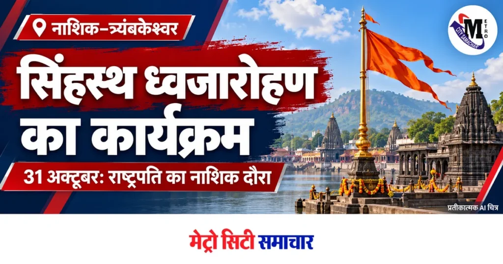 नाशिक–त्र्यंबकेश्वर में सिंहस्थ ध्वजारोहण का कार्यक्रम, राष्ट्रपति के नाशिक दौरे की आधिकारिक घोषणा — प्रतीकात्मक AI चित्र