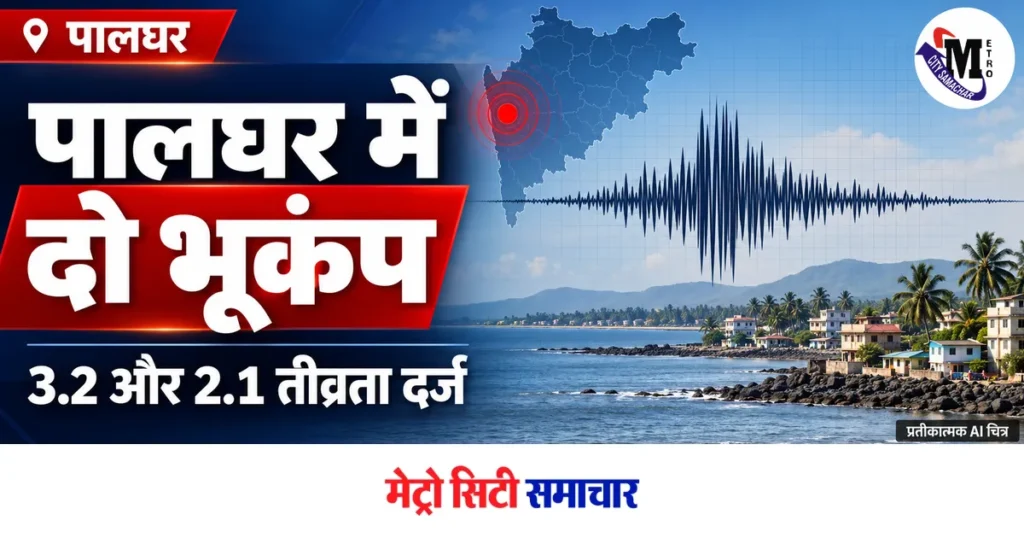 पालघर के दो भूकंपों की खबर के लिए भूकंपीय तरंगों का प्रतीकात्मक AI चित्र, MCS के मूल लोगो सहित