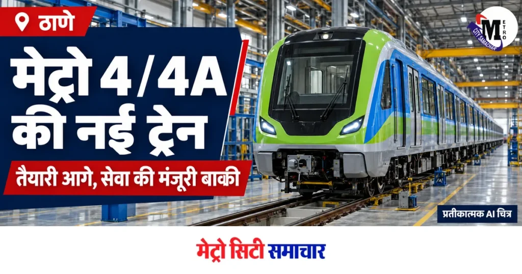 ठाणे मेट्रो 4/4A की पहली नई ट्रेन तैयार, दिसंबर में डिलीवरी की तैयारी; यात्री सेवा के लिए मंजूरी बाकी — प्रतीकात्मक AI चित्र, मूल MCS लोगो सहित